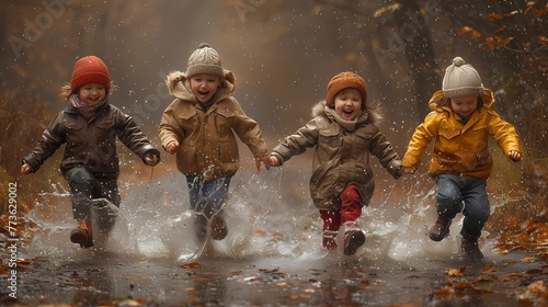 Children splashing in puddles after a rainstorm, pure glee on their faces.