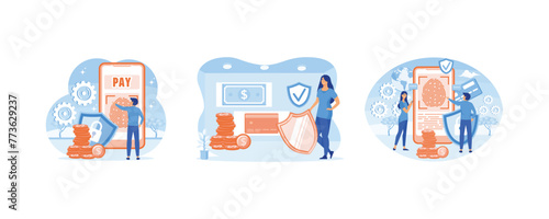 Secure payment concept for web banner design. Woman protecting bank card and banknote with shield. Secure Payment, Online Shopping, electronic payment method. Set flat vector modern illustration