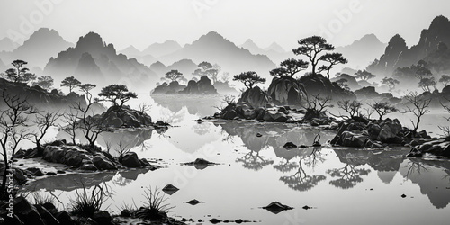 Ancient asian landscape ink drawing