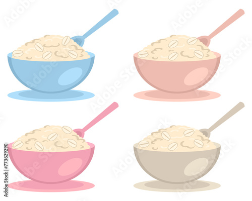 Oat flakes porridge bowls different pastel colors collection. Perfect print for stickers, poster, menu. Isolated vector illustration.