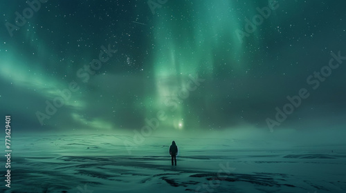 A lone figure standing in a vast expanse of snow gazing up at the hypnotizing display of the Northern Lights streaked across the midnight . .