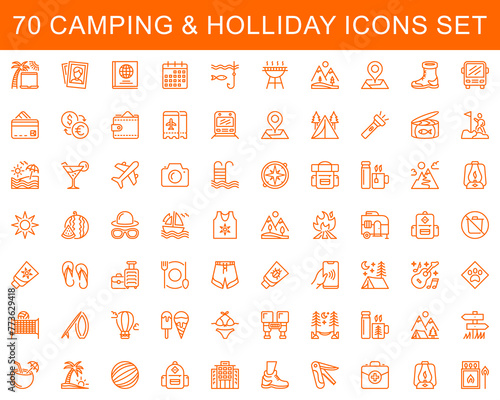set of 70 camp and holliday line icons. direction, lamp, map, outline, recreation, tool, fire, photo, camera, hiking, location, pictogram, first aid, pointer, trekking, kit, route, survival