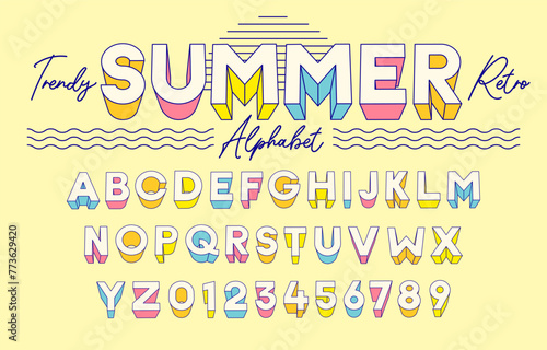 trendy summer retro 3d alphabet effect set – colorful pastel font typeface typography for seasonal design with blue vintage outline photo
