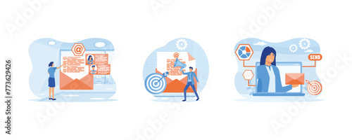 Email marketing campaign. Manager sending message via a marketing automation system. Email marketing concept. Set flat vector modern illustration