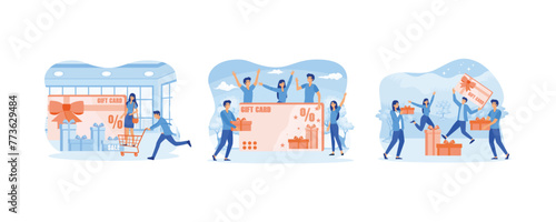 Gift card and promotion. Cheerful people happy about discount card, coupon or voucher. Earn loyalty program points and get online reward and gifts or bonus. Set flat vector modern illustration