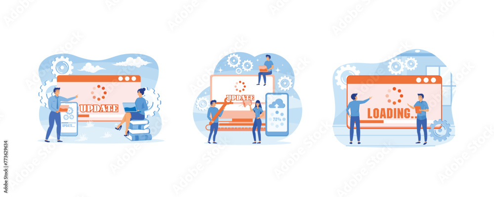 System update concept. System updates with people updating operation in computing and installation programs. Showing people update operating system. Set flat vector modern illustration - obrazy, fototapety, plakaty 
