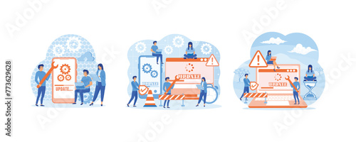 System updates with people updating operation in computing and installation programs. Tiny programmers upgrading operating system. Technical error and service. Set flat vector modern illustration