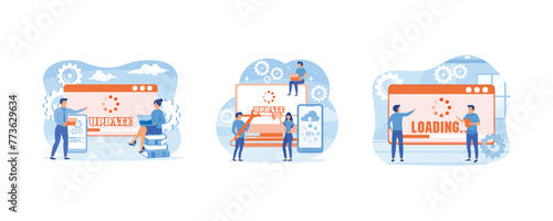 System update concept. System updates with people updating operation in computing and installation programs. Showing people update operating system. Set flat vector modern illustration