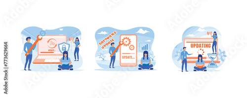 Software update people for mobile app design. Software Update concept, can be used for landing page. Software update or operating system. Set flat vector modern illustration