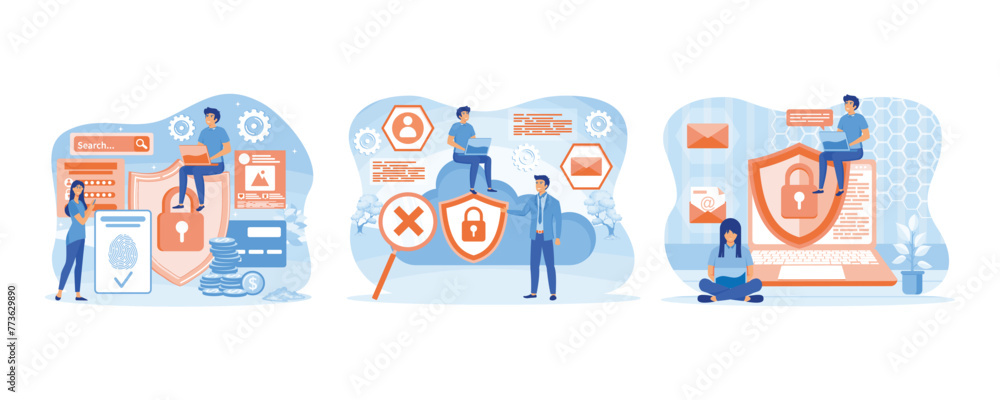 Data protection concept. Man holding security shield and developer using laptop. Safety and confidential data protection. Set flat vector modern illustration