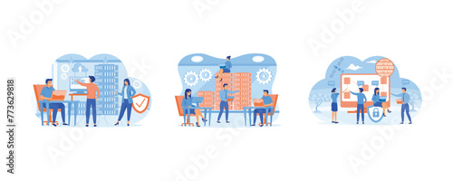 System administrator upkeeping server, adjusting network. System administrators or sysadmins are servicing server racks. Administration and support of systems. Set flat vector modern illustration