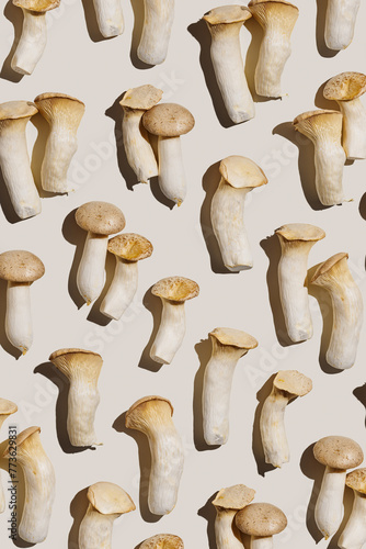 Pleurotus eryngii white mushrooms with shadows, edible fungus as minimal flat lay on beige background, top view pastel colored still life from whole mushroom at hard light, alternative proteins