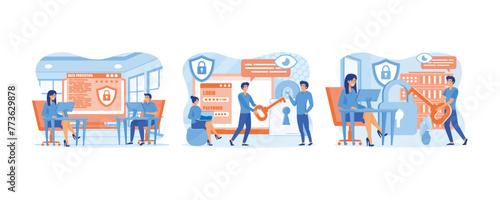 Data Protection for website and mobile app development. Credit card check and software access data as confidential. Data Protection concept. Set flat vector modern illustration