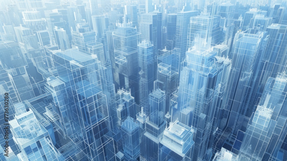 Futuristic Cityscape in Blue Tones - Abstract digital artwork of a futuristic city with a multitude of skyscrapers. Futuristic Cityscape in Blue Tones - Abstract digital artwork of a futuristic city with a multitude of skyscrapers.