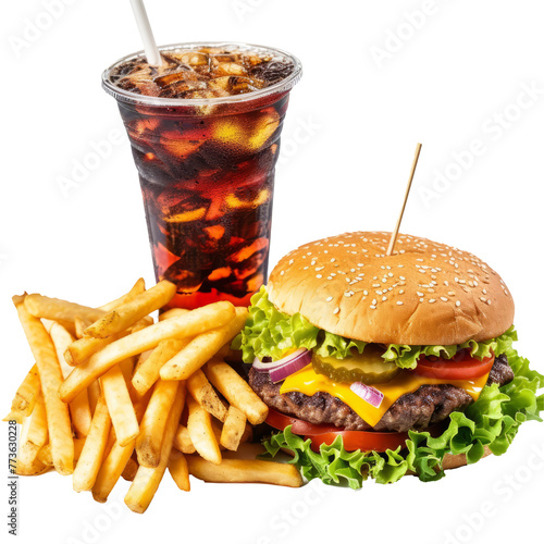 Hamburger and fries with drink on a white background 