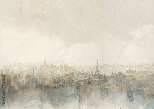 Soft realistic watercolor painting of French France Paris Skyline, soft tones, atmospheric artwork, with the Eiffel Tower.