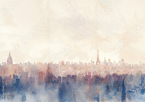Soft realistic watercolor painting of French France Paris Skyline  soft tones  atmospheric artwork  with the Eiffel Tower.