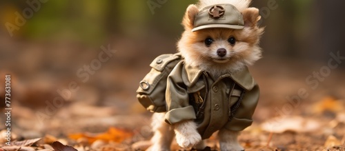 A canine dressed in a military uniform and hat is leisurely walking through a pile of autumn leaves on the ground