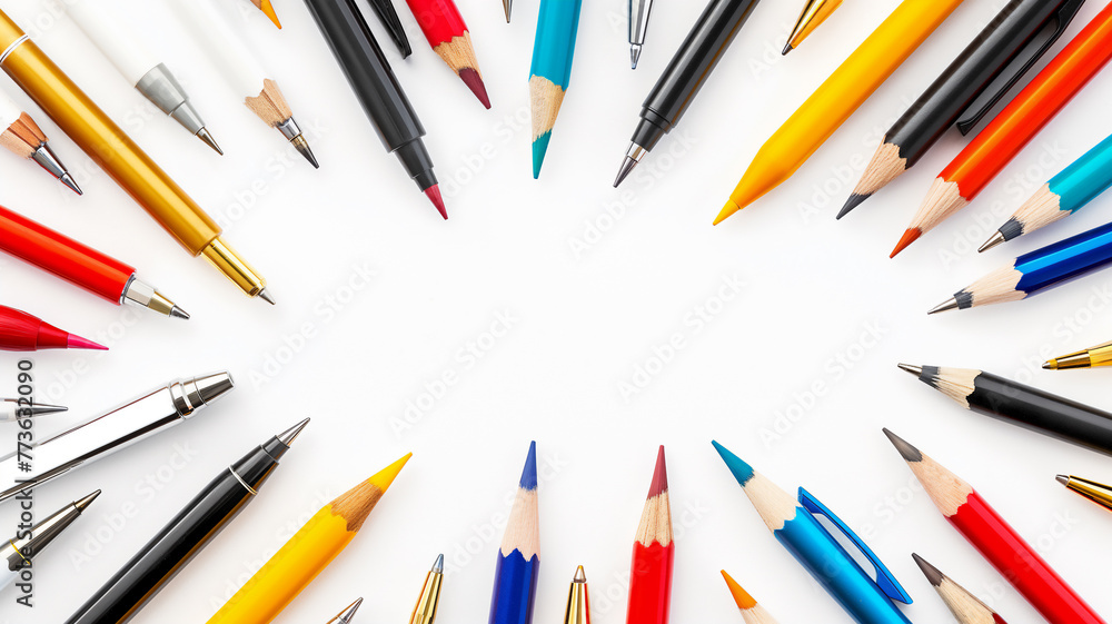 Assorted pens and pencils radiate outwards on a white background.