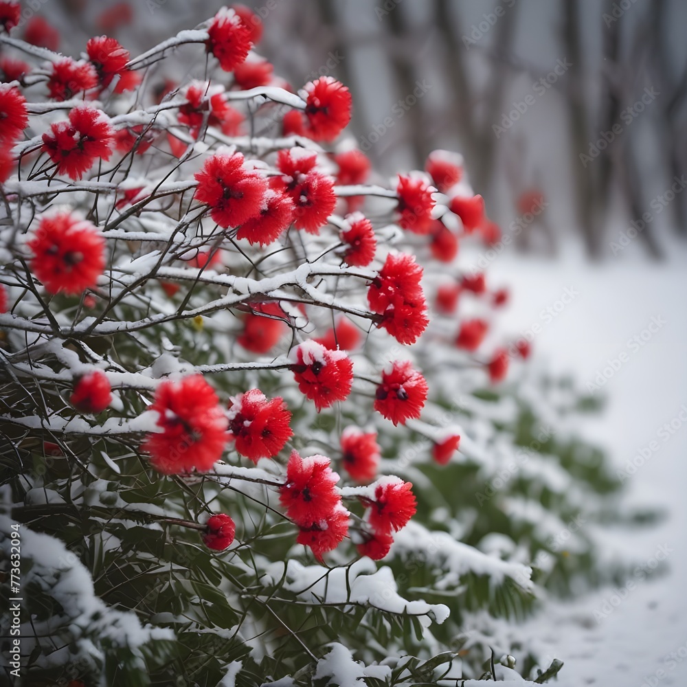 red flower in a white snow field red flower in a white snow field