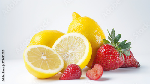 Fresh lemons and strawberries on a white background.