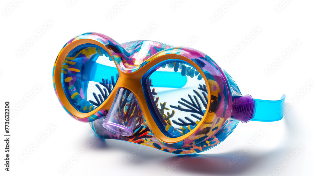 Colorful snorkeling mask with a vibrant coral reef design on the frame, isolated on white.