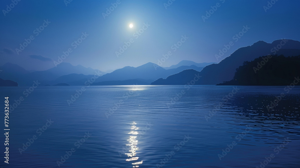 Soft moonbeams dance on the surface of the water creating a peaceful and dreamy atmosphere. . .