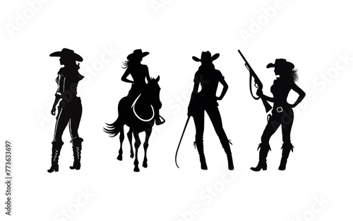 Set of silhouettes cowgirl silhouette wearing cowboy hat, leather clothing and boots, the digital art vector is featuring cowboy life in wild west town.