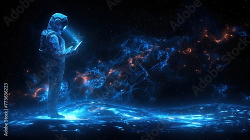 Abstract image of astronaut holding a tablet. There is light reflecting off the tablet. © PT