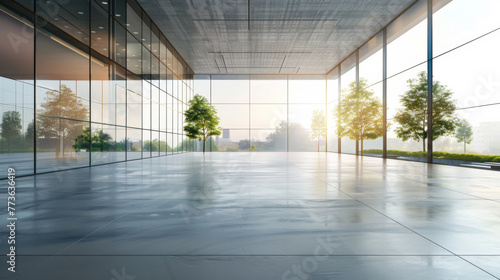 Horizontal view of empty cement floor with steel and glass modern building exterior. Early morning scene.