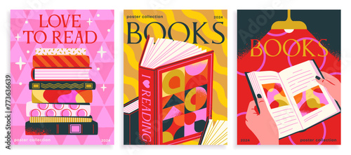 Set of abstract posters with books. Love of reading and literature. Pop art covers with stacks of books and hands holding open textbook. Cartoon flat vector illustrations isolated on white background