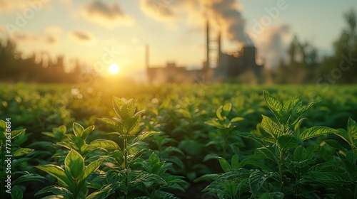 Carbon reduction, with bright green plants in the foreground In the background there is an industrial chimney emitting carbon dioxide. It symbolizes the balance between industry and environmental sust photo