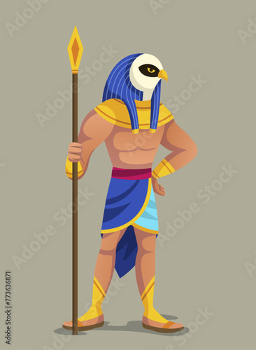 Ancient Egyptian god. Egyptian mythology character with falcon head and staff. Historical Poster with Amon Ra or Horus. Image of sun god or patron of kingdom of dead. Cartoon flat vector illustration