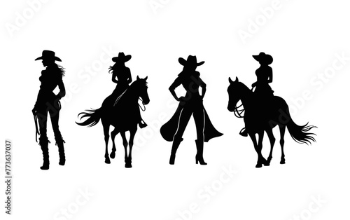 Set of silhouettes cowgirl silhouette wearing cowboy hat, leather clothing and boots, the digital art vector is featuring cowboy life in wild west town.