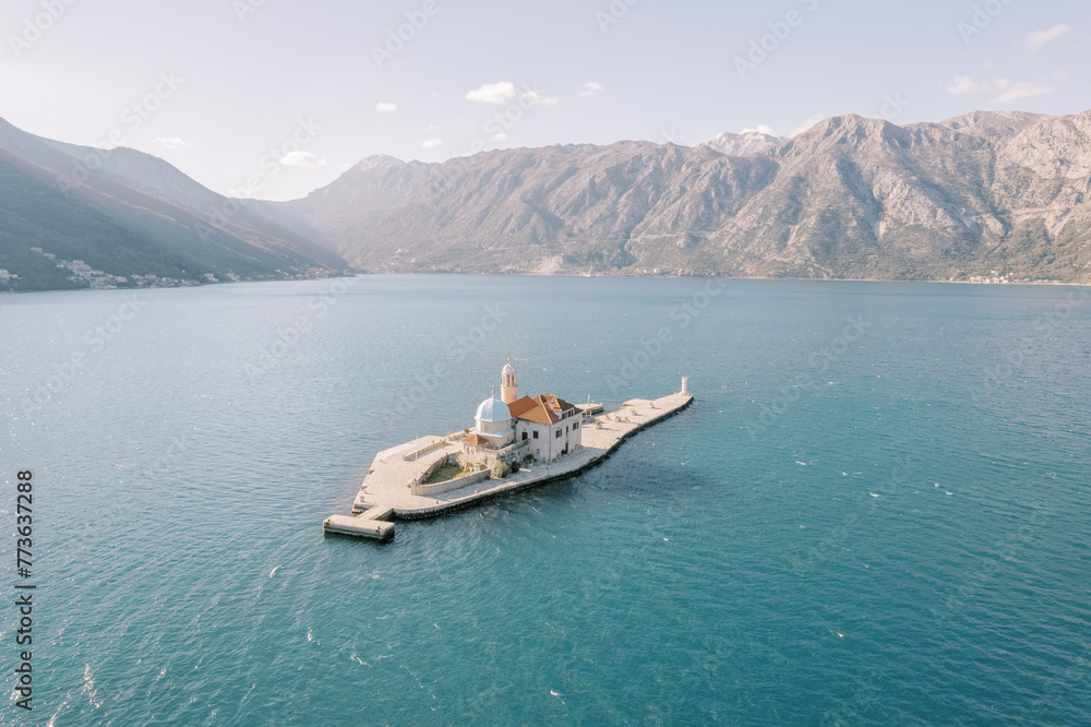 Island of Gospa od Skrpjela in the Bay of Kotor. Montenegro. Drone