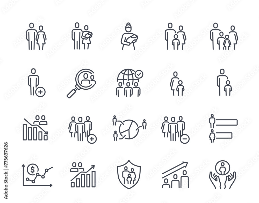 Set of linear Demographic Icons. Simple symbols with families, populations, birth rates, social groups, gender statistics. Editable stroke. Outline flat vector collection isolated on white background Set of linear Demographic Icons. Simple symbols with families, populations, birth rates, social groups, gender statistics. Editable stroke. Outline flat vector collection isolated on white background