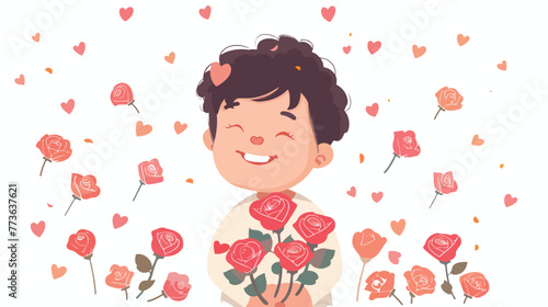 Cartoon illustration of a child with roses flat car