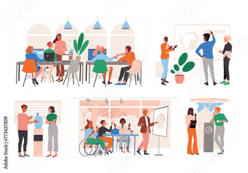 Set of scenes with office workers. Company employees or colleagues communicate at business meeting, discuss project and perform tasks. Cartoon flat vector illustrations isolated on white background