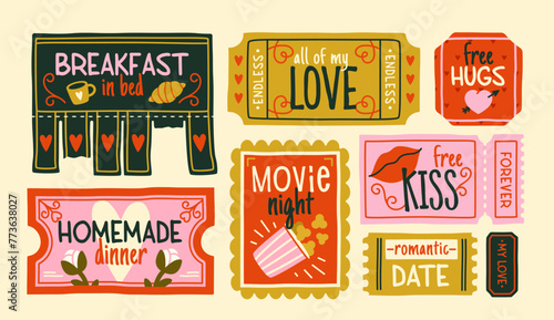 Set of Love Coupons. Collection of romantic love tickets for valentines day. Breakfast in bed, free hugs, date, movie night and homemade dinner. Cartoon flat vector illustration isolated on background