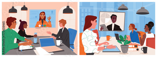 Online business meeting. Set of scenes with office employees or workers discussing project with director on remote video conference. Cartoon flat vector illustrations isolated on white background