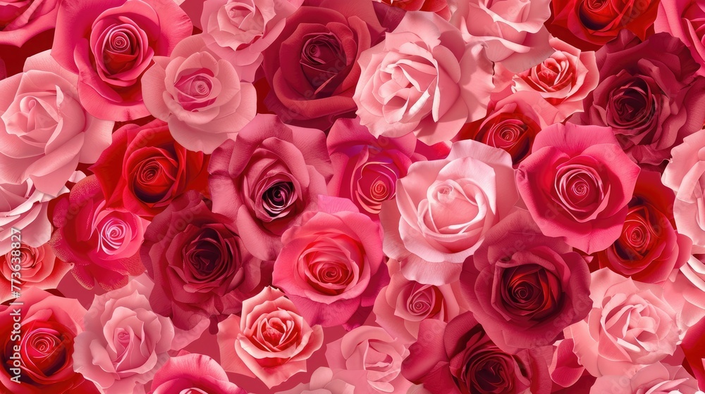 Seamless Pattern of Blooming Roses in Shades of Pink and Red Seamless Pattern of Blooming Roses in Shades of Pink and Red
