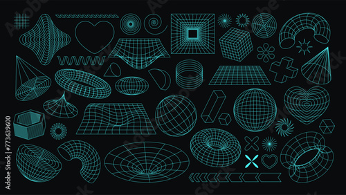 Set of futuristic wireframe shapes. Abstract neon grids in psychedelic rave style. Trendy cyberpunk geometric elements. Y2k retro objects. 3D linear vector collection isolated on black background