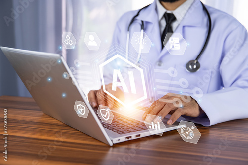 Doctor use AI Artificial intelligence technology for data management streamlines administrative tasks