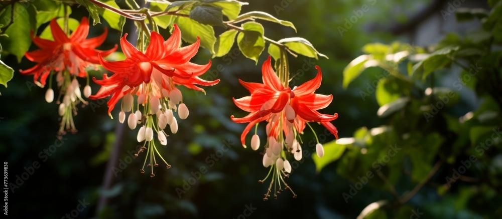 Numerous vibrant red blossoms are suspended on a branch of a tree, creating a beautiful natural display Numerous vibrant red blossoms are suspended on a branch of a tree, creating a beautiful natural display