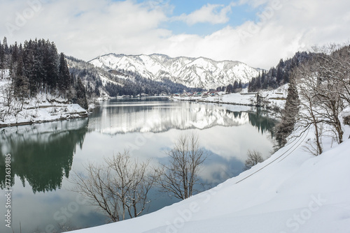 Panoramic Winter View Of Tadami Railway Line Train And Bridge Reflection In The Beautiful Valley Of Tadami River, Mishima Machi, Aizu Kawaguchi, Fukushima, Japan