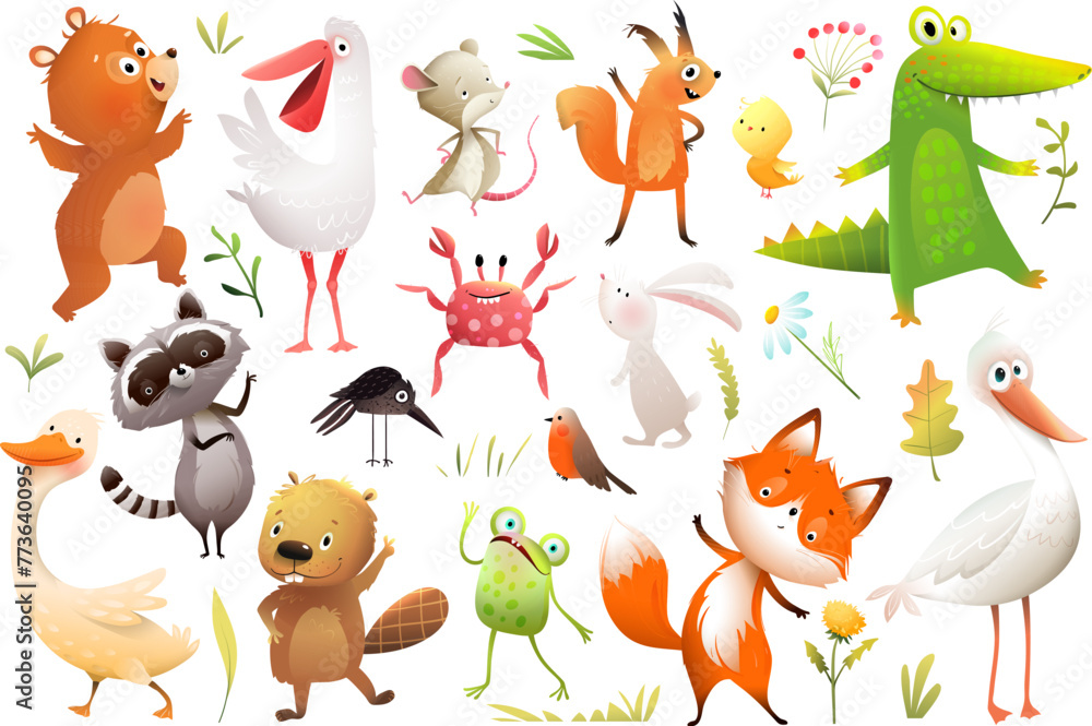 Naklejka premium Cute animal characters collection for kids illustration book. Playful squirrel, bear, rabbit, fox crocodile birds, raccoon and many more. Vector animals characters collection for children story.