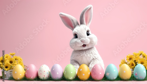 Cute easter bunny with eggs and flowers with copy space