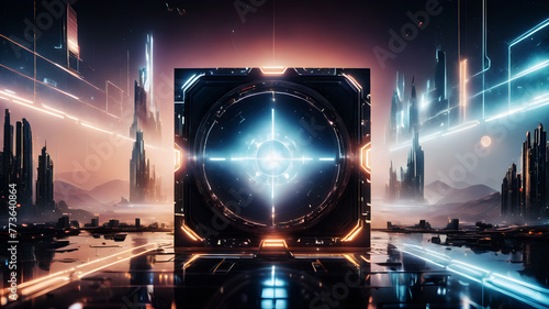 Construct a square abstract background inspired by futuristic themes and technological elements photo