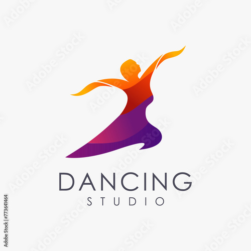 Abstract dancing woman logo icon with colorful gradient style on white background