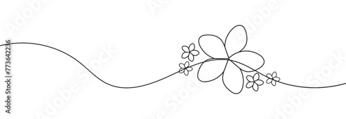 One continuous line drawing of Plumeria flower. Frangipani blossom with petals for floral tattoo in simple linear style. Plant pattern for wedding in Editable stroke. vector illustration. EPS 10